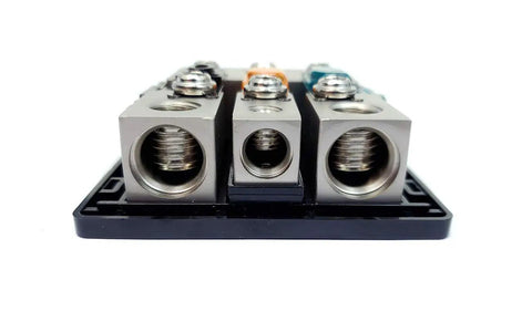 Bassik High Current 3 Way Fuse Distribution Block for Car Audio Accepts 0 or 4 Gauge Input Two Fused 0 Gauge Outputs and One Fused 4 Gauge Output 300 Amp Capacity Heavy Duty Power Block With Secure Set Screws, three-way metal fuse block