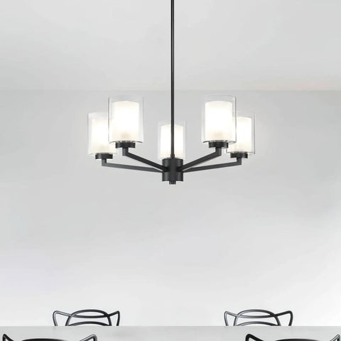 Black 5 Light Farmhouse Chandelier Pendant Light With Dual Glass Shades Adjustable Hanging Dining Room Fixture In Room View