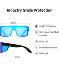 Gender Neutral Polarized Sunglasses With Blue Mirror Lenses Matte Black Frame Z87 Impact Proof UV400 Eye Protection shown with dimensions.