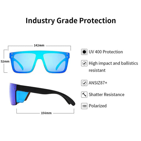 Gender Neutral Polarized Sunglasses With Blue Mirror Lenses Matte Black Frame Z87 Impact Proof UV400 Eye Protection shown with dimensions.