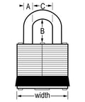 Diagram of 1KALJ Outdoor Padlock With Key For Gates, Fences, Sheds, Garages And Tool Boxes showing dimensions and laminated steel body.