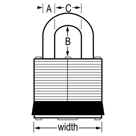 Diagram of 1KALJ Outdoor Padlock With Key For Gates, Fences, Sheds, Garages And Tool Boxes showing dimensions and laminated steel body.