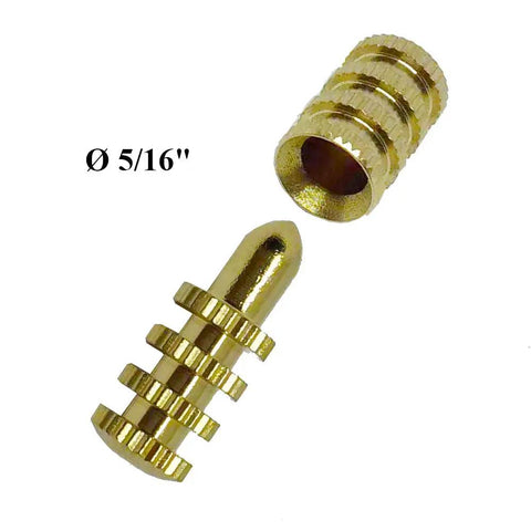 Top Shelf Solid Brass Table Alignment Pins With Matching Sockets For Flawless Table Leaf Assembly Dead Steady Positioning Snug 5/16 Inch Bore Heavy Duty Woodworking Connector Hardware Precision Dowel Set Of Ten - close-up of brass pin and socket