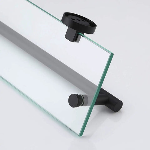 Space Saving 16 Inch Glass Shower Shelf With Towel Bar Floating Wall Mount Tempered Glass Matte Black Finish SUS304 Stainless Steel Bathroom Organizer
