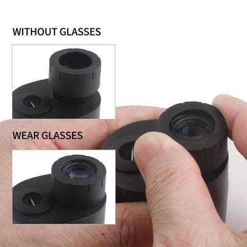 Close-up of Dope Pocket 8x25 Monocular For Adults And Kids With Close Focus 1 Ft showcasing lens view options for glasses wearers.