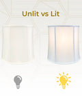 White Drum Lamp Shade 11x13x11 Inches Hand-Tailored Silk-Type Shantung unlit vs lit, showing soft glow and off-white lining.