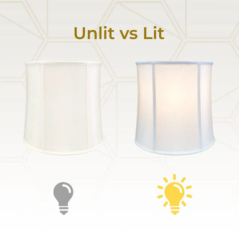 White Drum Lamp Shade 11x13x11 Inches Hand-Tailored Silk-Type Shantung unlit vs lit, showing soft glow and off-white lining.