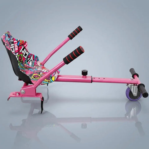 Pink hoverkart attachment with ergonomic seat, adjustable frame, 360-degree swivel wheel, fits 6.5, 8, 10 inch hoverboards