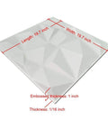 12 Pack 3D Diamond Wall Panels 19.7x19.7 Inches PVC for living room and office, showing dimensions and embossed design.