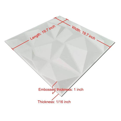 12 Pack 3D Diamond Wall Panels 19.7x19.7 Inches PVC for living room and office, showing dimensions and embossed design.