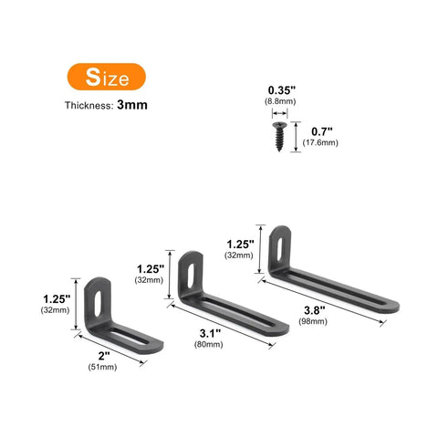 Legit Kickass Heavy Duty Stainless Steel Adjustable Corner Bracket Locking L Shaped Angle Braces For Wooden Shelf Repair and Cabinet Assembly Hardware Kits with dimensions.