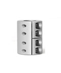 Beefy 10mm to 10mm aluminum rigid shaft coupling clamp with 32mm diameter, 45mm length, and recessed screws for CNC machines and 3D printers.