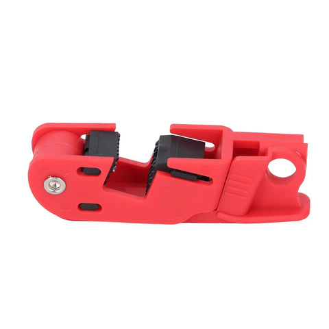 Six Piece Circuit Breaker Lockout Tool Kit With Serrated Jaws for Electrical Safety, close-up of red component