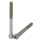 Two stainless steel hex socket head cap screws, 1/4-20 x 2-1/2 in, partially threaded; upright and lying views.