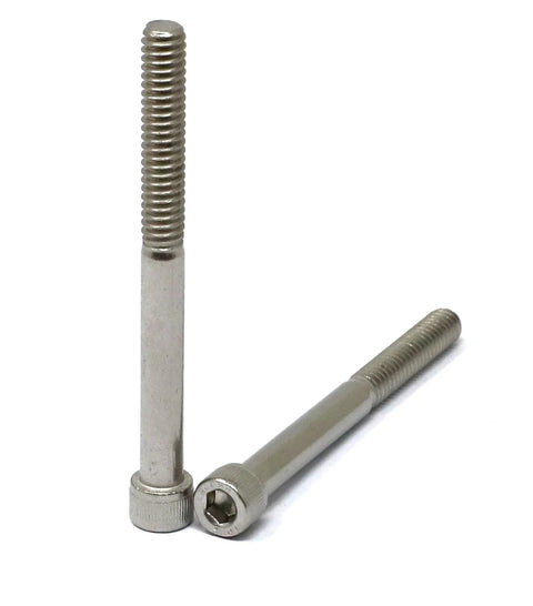 Two stainless steel hex socket head cap screws, 1/4-20 x 2-1/2 in, partially threaded; upright and lying views.