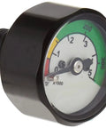 Pony Bottle Pressure Gauge For Scuba Divers With 350 Bar Dial Ultra Compact 1 Inch Face Visual Low Air Indicator, angled side view