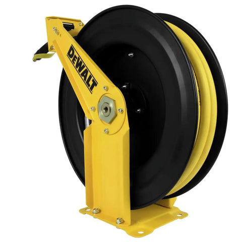 Double Arm Air Hose Reel With Three Eighths Inch By Fifty Feet Premium Rubber Hose Retractable Steel Construction Heavy Duty Build