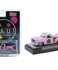 1/64 Diecast 1979 Stepside Pickup Truck Pink With White Roof And Surfboard Limited Edition 8360 Pieces Worldwide model displayed.