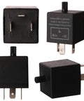 Two Pack 12V 3 Pin LED Flasher Relay CF-13KT for motorcycle signals, black cube with pins, adjustable hyper flash fix, 6 terminals