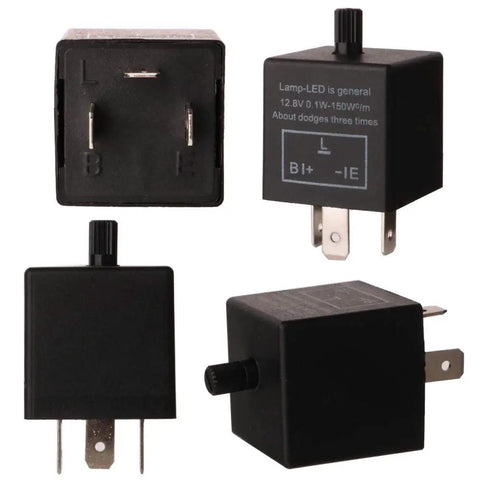 Two Pack 12V 3 Pin LED Flasher Relay CF-13KT for motorcycle signals, black cube with pins, adjustable hyper flash fix, 6 terminals
