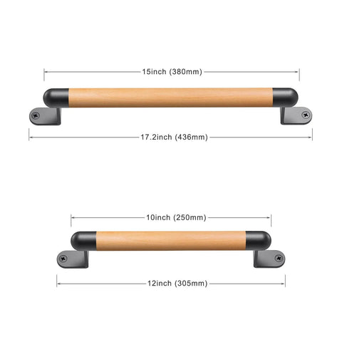 12 Inch Wooden Barn Door Pull Handle With Two Metal Supports Built Tough Heavy Duty Sliding Door Handle For Barn Gate Fence Closet Or Garage Includes Install Hardware Warm Beech Wood Grip And Easy To Clean shown with measurements.