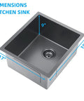 Stainless Steel Single Bowl Outdoor Bar Sink With Undermount Workstation Perfect For Your Outdoor Bar Setup And Prep Station Includes Strainer Waste Basket And Bottom Grid 17 x 19 x 9 Inches Black Finish with dimensions labeled.