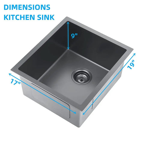 Stainless Steel Single Bowl Outdoor Bar Sink With Undermount Workstation Perfect For Your Outdoor Bar Setup And Prep Station Includes Strainer Waste Basket And Bottom Grid 17 x 19 x 9 Inches Black Finish with dimensions labeled.