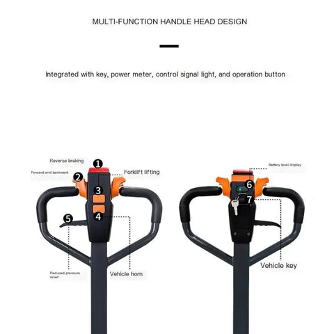 Maneuver Heavy Loads With This Smooth Full Electric Pallet Jack Truck featuring a multi-function handle head design and control features.