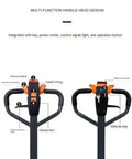 Multi-function handle design of Full Electric Pallet Jack With Lithium Battery Motorized Warehouse Truck 3300 Lb Capacity.
