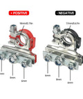 Two Pack 12V Top Post Battery Terminal Connectors Kit With 3 Way Clamps Positive And Negative Durable Tinned Copper Quick Disconnect Car Boat Van Marine Terminals For Easy Hookups And Reliable Power, showing positive and negative terminals with dimensions.