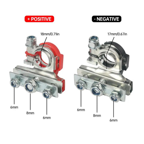 Two Pack 12V Top Post Battery Terminal Connectors Kit With 3 Way Clamps Positive And Negative Durable Tinned Copper Quick Disconnect Car Boat Van Marine Terminals For Easy Hookups And Reliable Power, showing positive and negative terminals with dimensions.
