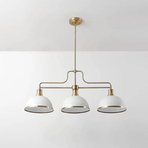 Three Light Linear Chandelier in Matte White with Brass Accents, Adjustable Hanging Height, sloped or vaulted ceiling compatible