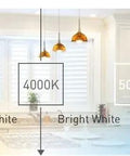 Color temperature scale from 2700K to 6500K with kitchen lighting, labeled Soft, Warm, Bright, and Natural Daylight.