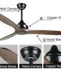 52 Inch Slick Ceiling Fan With Heavy Duty Solid Wood Blades And Silent Remote Control, showcasing metal canopy and copper motor.