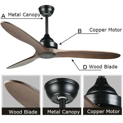 52 Inch Slick Ceiling Fan With Heavy Duty Solid Wood Blades And Silent Remote Control, showcasing metal canopy and copper motor.