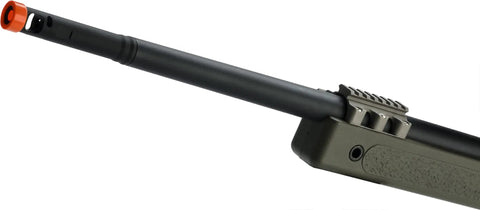 Close-up of barrel on 6mmProShop PDI Custom Upgraded USMC M40A5 Cycling Action Airsoft Rifle OD Green Gun Only No Optics Or Battery Included
