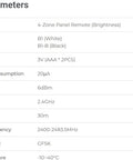 Four Zone Wireless Panel Remote specs table with model numbers, working voltage, RF frequency, and control distance for FUT035W Plus MiLight.