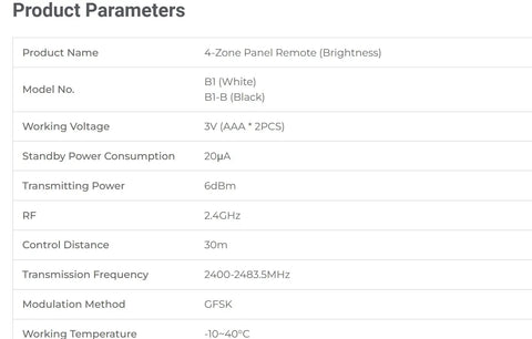Four Zone Wireless Panel Remote specs table with model numbers, working voltage, RF frequency, and control distance for FUT035W Plus MiLight.