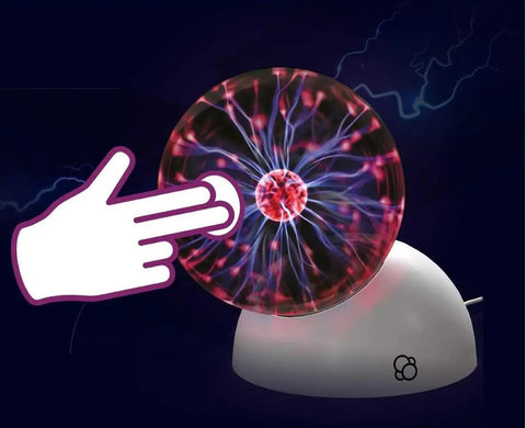 Plasma Ball Essential STEM Tool For Curious Minds A 5 Inch Glass Sphere With An Awesome Interactive Electric Light Show Learn Electricity Matter And Energy Through A Sound Activated High Voltage Neon Glow. 5-inch glass plasma ball on white base, hand touch shown