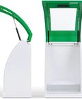 AED defibrillator steel storage cabinet with green lid and white body, lid open; front and side views