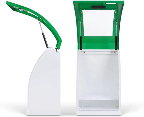 AED defibrillator steel storage cabinet with green lid and white body, lid open; front and side views