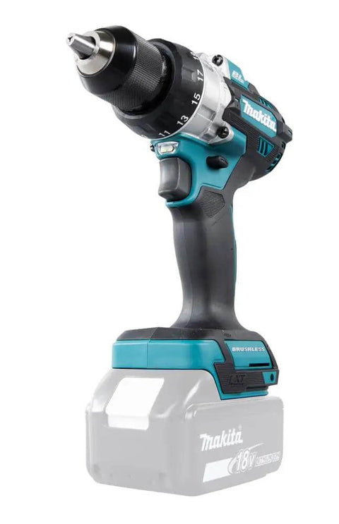 Top Shelf 18V Brushless Cordless Combi Drill Featuring Hammer Drilling 13Mm Chuck Two Speed Control And 21 Torque Settings, side view with battery.