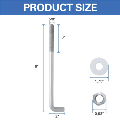 Five Eighth Inch By Eight Inch Concrete Anchor Bolts L Shaped, 10 Pack, Hot Dip Galvanized, Carbon Steel With Nuts And USS Washers