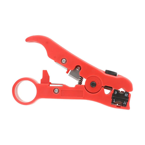 Pro Electric Stripping Pliers For RG6 And RG7 Ethernet Cables. Red alloy steel tool for cable stripping and crimping.