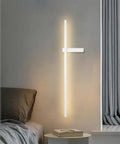POJGVU Minimalist Led Wall Light Fixture Linear Wall Sconce Lighting Indoor Wall Wash Lamp Geometric Hardwired Sconces Living Room Background Wall Lights Bedroom Wall Lamps,White-62.5cm installed above a bedside table.