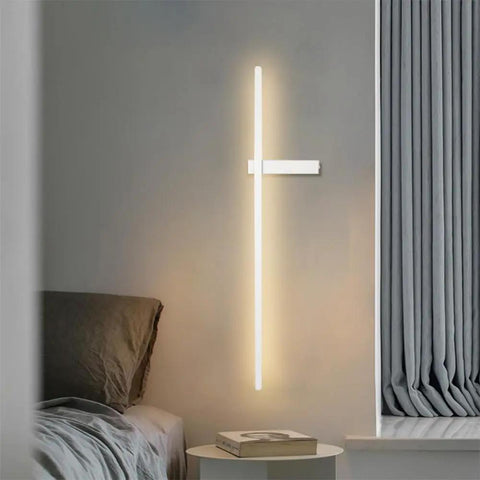 POJGVU Minimalist Led Wall Light Fixture Linear Wall Sconce Lighting Indoor Wall Wash Lamp Geometric Hardwired Sconces Living Room Background Wall Lights Bedroom Wall Lamps,White-62.5cm installed above a bedside table.