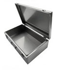 Pro Grade Rust Proof Stainless Steel Tool Box Portable Garage Chest Organizer With Heavy Duty Handle And Tough Build For Daily Shop Grind And Wrench Turners And Reliable Storage open showing interior storage space.