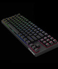 Eighty Seven Key Wired Mechanical Keyboard With RGB Led Backlight And Smooth Tactile Switches Built For Boss Level Typing And Heavy Session Gaming Featuring Full Anti Ghosting N Key Rollover Splashproof Frame Sweet Ride, side angle view.