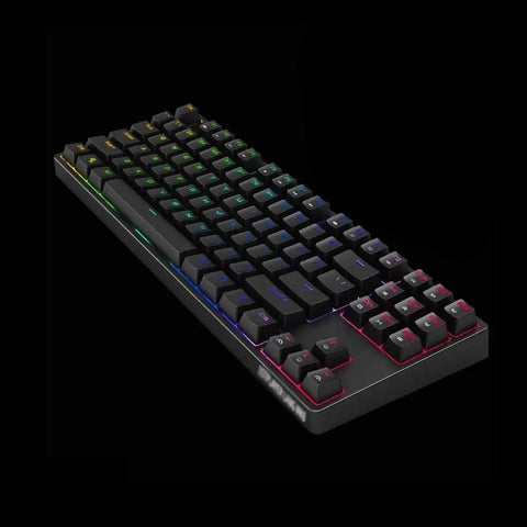 Eighty Seven Key Wired Mechanical Keyboard With RGB Led Backlight And Smooth Tactile Switches Built For Boss Level Typing And Heavy Session Gaming Featuring Full Anti Ghosting N Key Rollover Splashproof Frame Sweet Ride, side angle view.