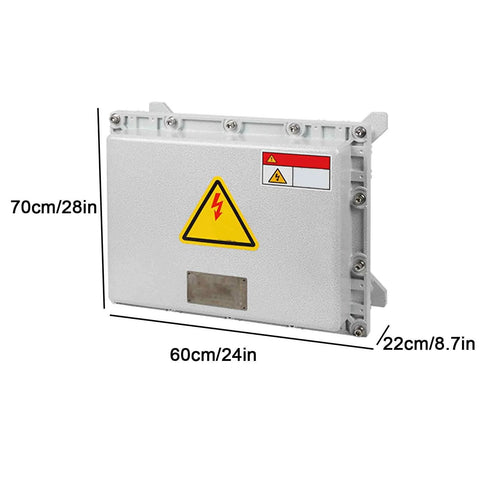 Front view: outdoor waterproof electrical box, IP66 explosion-proof enclosure with hinged internal mounting panel, 60×70×22 cm